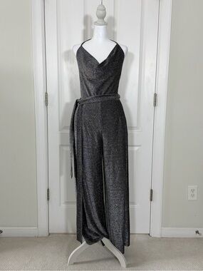 New York & Company Sparkle Black Cowl-Neck Jumpsuit with Belt